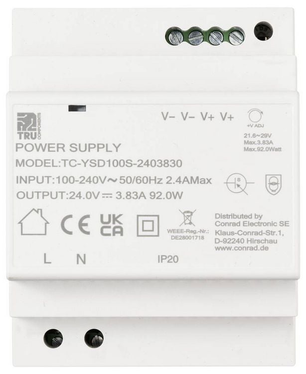 Produktbild: TRU COMPONENTS TC-13710888 Hutschienen-Netzteil (DIN-Rail) Verbrauch (StandBy) 0.3 W 24 V/DC 3.83 A 92 W Anzahl Ausg&auml;nge:1 x Inhalt 1 St.