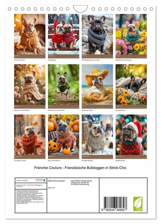 Produktbild: Frenchie Couture - Franz&ouml;sische Bulldoggen in Strick-Chic (Wandkalender 2026 DIN A4 hoch), CALVENDO Monatskalender