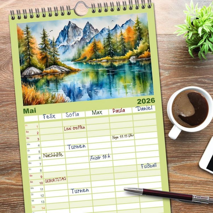 Produktbild: Familienplaner 2026 - Sehnsucht Berge mit 5 Spalten (Wandkalender, 21 x 45 cm) CALVENDO