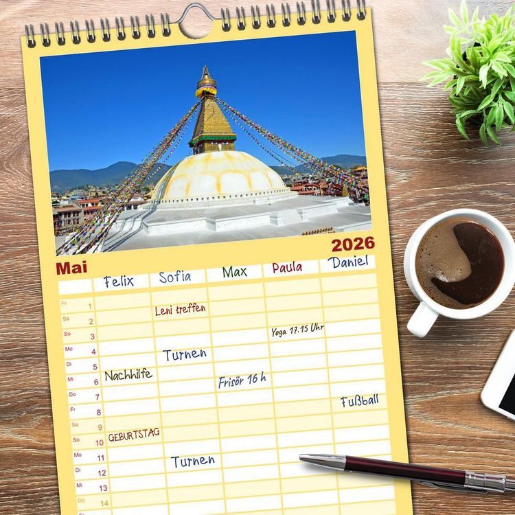 Produktbild: Familienplaner 2026 - Im Kathmandutal mit 5 Spalten (Wandkalender, 21 x 45 cm) CALVENDO