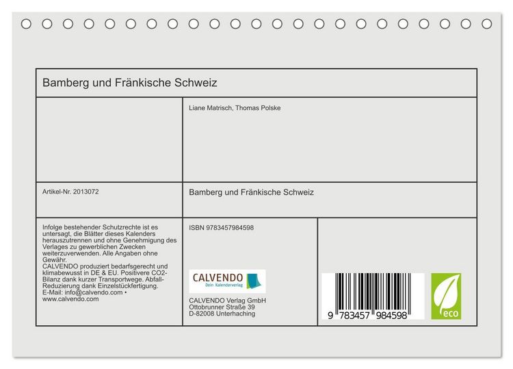 Produktbild: Bamberg und Fr&auml;nkische Schweiz (Tischkalender 2026 DIN A5 quer), CALVENDO Monatskalender