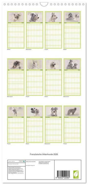 Produktbild: Familienplaner 2026 - Franz&ouml;sische Hirtenhunde 2026 mit 5 Spalten (Wandkalender, 21 x 45 cm) CALVENDO