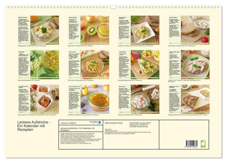 Produktbild: Leckere Aufstriche - Ein Kalender mit Rezepten (Wandkalender 2027 DIN A2 quer), CALVENDO Monatskalender