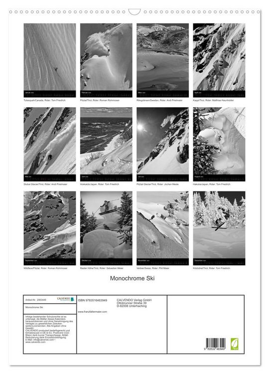Produktbild: Monochrome Ski (Wandkalender 2026 DIN A2 hoch), CALVENDO Monatskalender