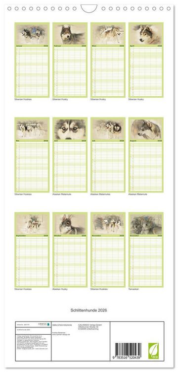 Produktbild: Familienplaner 2026 - Schlittenhunde 2026 mit 5 Spalten (Wandkalender, 21 x 45 cm) CALVENDO