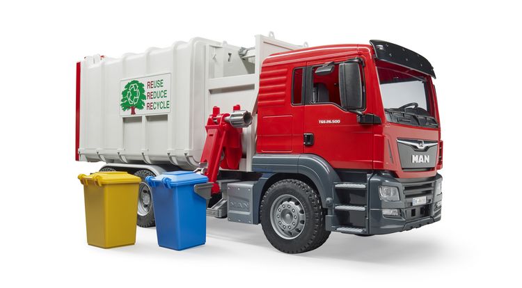 Produktbild: bruder 03761 MAN TGS Seitenlader M&uuml;ll-LKW und 2 M&uuml;lltonnen