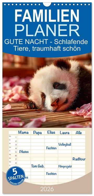 Produktbild: Familienplaner 2026 - GUTE NACHT - Schlafende Tiere, traumhaft sch&ouml;n mit 5 Spalten (Wandkalender, 21 x 45 cm) CALVENDO