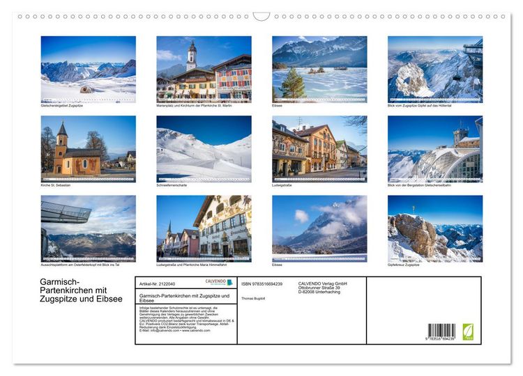 Produktbild: Garmisch-Partenkirchen mit Zugspitze und Eibsee (Wandkalender 2026 DIN A2 quer), CALVENDO Monatskalender