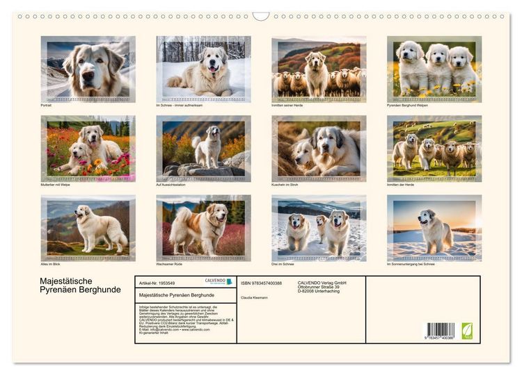 Produktbild: Majest&auml;tische Pyren&auml;en Berghunde (Wandkalender 2026 DIN A2 quer), CALVENDO Monatskalender