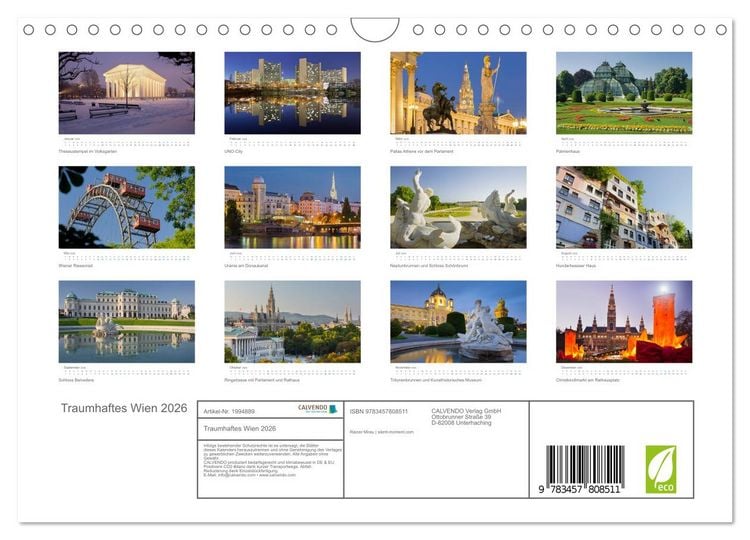 Produktbild: Traumhaftes Wien 2026 (Wandkalender 2026 DIN A4 quer), CALVENDO Monatskalender