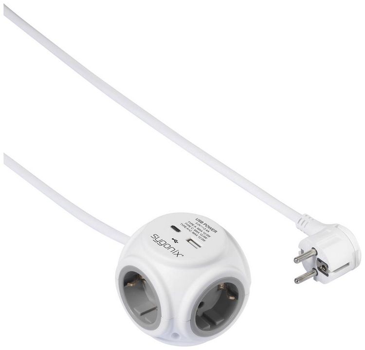 Produktbild: Sygonix SY-5827192 Steckdosenw&uuml;rfel 3fach Wei&szlig;, Grau Schutzkontakt 1St.