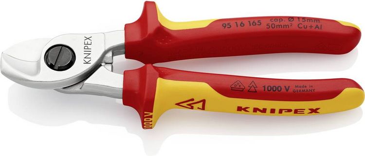 Produktbild: Knipex 95 16 165 VDE-Kabelschere Geeignet f&uuml;r (Abisoliertechnik) Alu- und Kupferkabel, ein- und mehrdr&auml;htig 15 mm 50 mm&sup2; 0