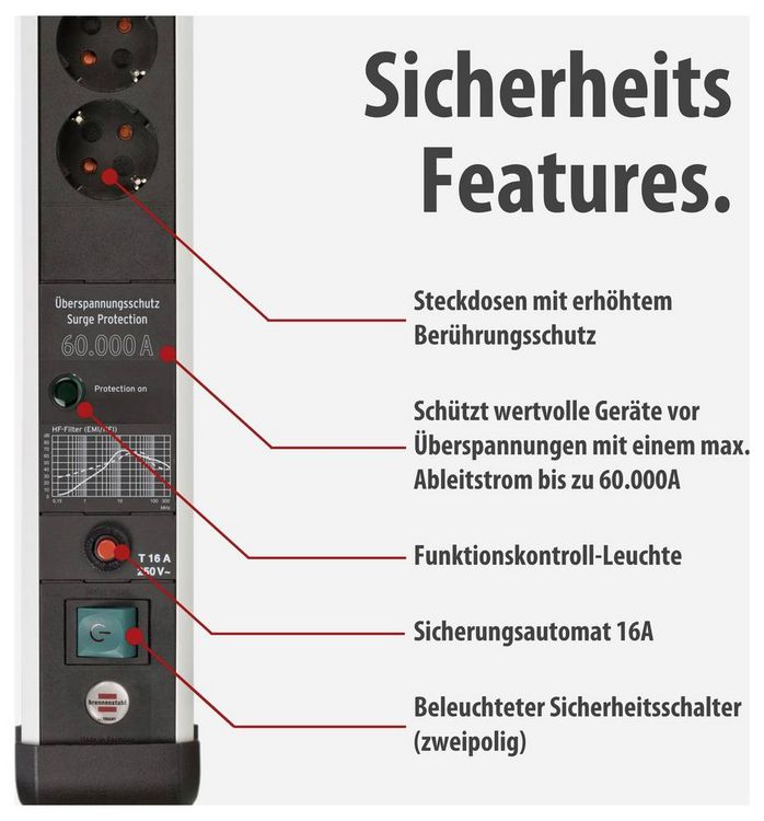 Produktbild: Brennenstuhl 1391010620 &Uuml;berspannungsschutz-Steckdosenleiste Silber, Schwarz Schutzkontakt 1 St.