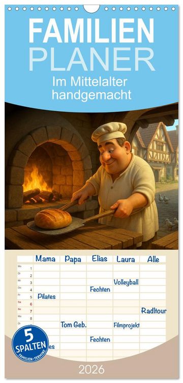 Produktbild: Familienplaner 2026 - Im Mittelalter handgemacht mit 5 Spalten (Wandkalender, 21 x 45 cm) CALVENDO
