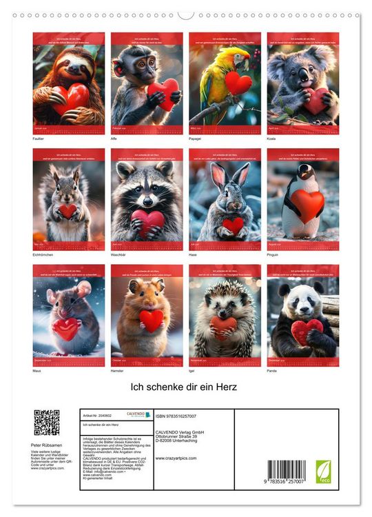 Produktbild: Ich schenke dir ein Herz (hochwertiger Premium Wandkalender 2026 DIN A2 hoch), Kunstdruck in Hochglanz