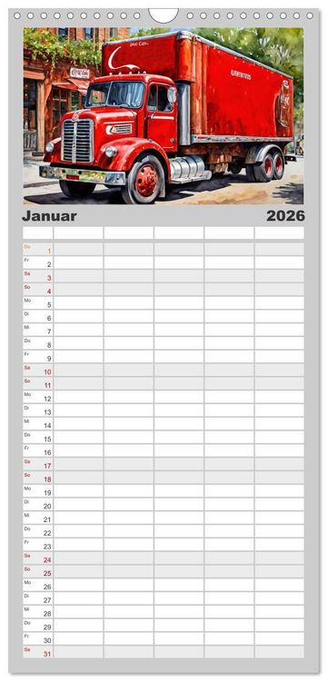 Produktbild: Familienplaner 2026 - Nostalgische Trucks mit 5 Spalten (Wandkalender, 21 x 45 cm) CALVENDO