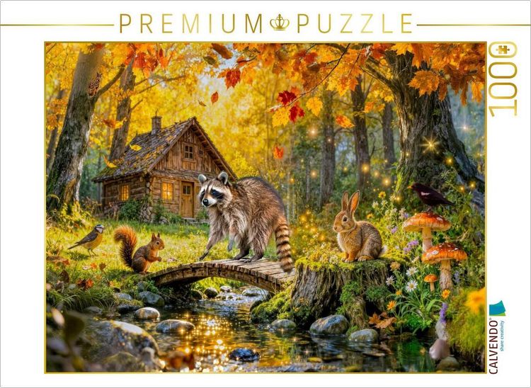 Produktbild: CALVENDO Puzzle Herbst Cottage am Bach mit Ahornbaum und Waldtieren | 1000 Teile Lege-Gr&ouml;&szlig;e 64x48cm Foto-Puzzle f&uuml;r gl&uuml;ckliche Stunden