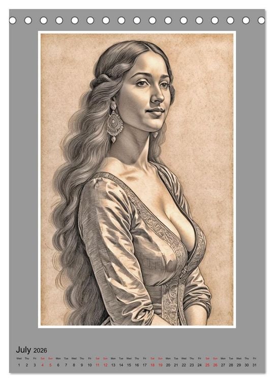 Produktbild: Baroque Beauties, Pencil Art with Artificial Intelligence (Desk Calendar 2026 DIN A5 portrait), CALVENDO 12 Month DeskCalendar