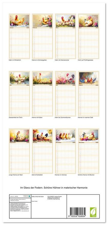 Produktbild: Familienplaner 2026 - Im Glanz der Federn. Sch&ouml;ne H&uuml;hner in malerischer Harmonie mit 5 Spalten (Wandkalender, 21 x 45 cm) CALVENDO