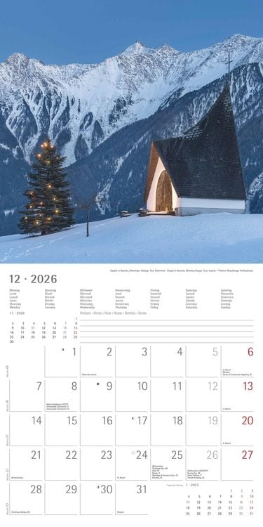 Produktbild: Alpha Edition - Alpen 2026 Broschürenkalender, 30x30cm, Wandkalender mit Platz für Notizen und Termine, Aufnahmen der Alpen, Monatsübersicht und Ferie