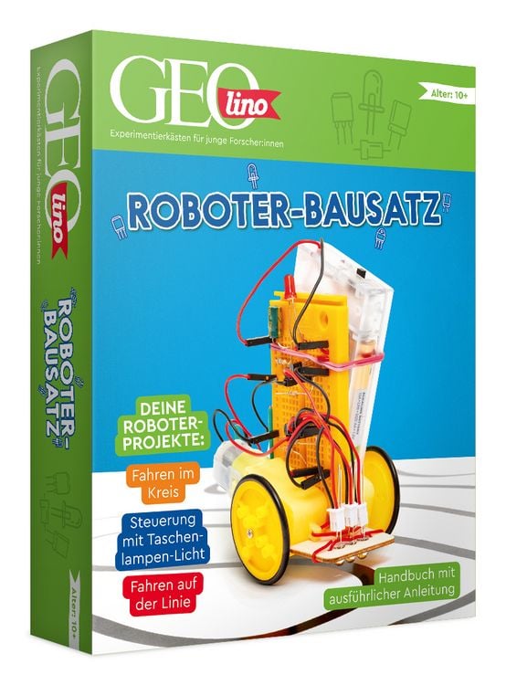 Produktbild: FRANZIS 67158 - GEOlino Roboter Bausatz, Experimentierkasten mit spannenden Roboter-Projekten inkl. Handbuch mit ausf&uuml;hrlicher Anleitung. F&uuml;r Kinder ab 10 Jahren.