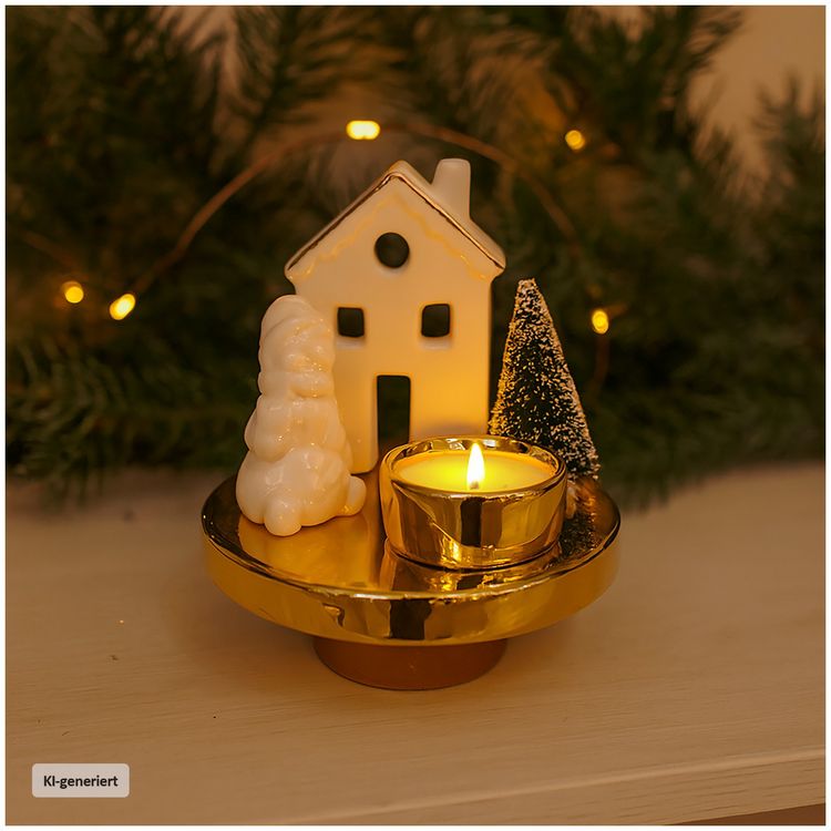 Produktbild: HTI-Living Teelichthalter Weihnachtsdeko Schneemann Haus Tannenbaum Keramik Gold Wei&szlig;