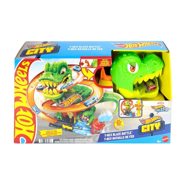 Produktbild: Hot Wheels City T-Rex-Feuerschlacht Spielset und Die-Cast-Spielzeugauto im Maßstab 1:64, gegnerischer Dinosaurier