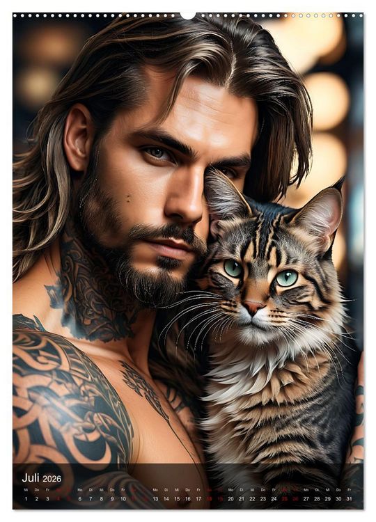 Produktbild: Verschmuste Kerle - Muskeln, Tattoos und Miezekatzen (hochwertiger Premium Wandkalender 2026 DIN A2 hoch), Kunstdruck in Hochglanz