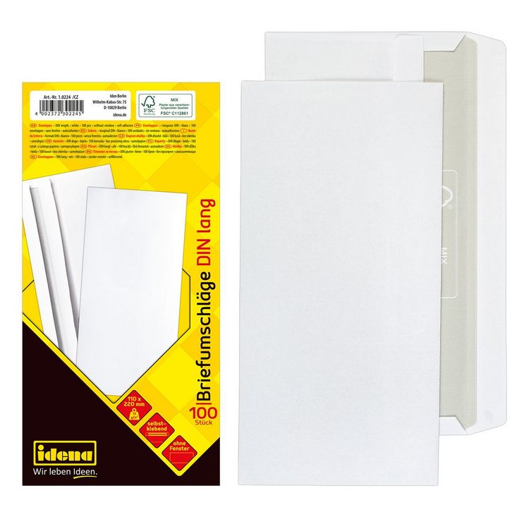 Produktbild: Idena Briefumschl&auml;ge 75g/m&sup2; selbstklebend ohne Fenster wei&szlig; DIN lang 100 St&uuml;ck