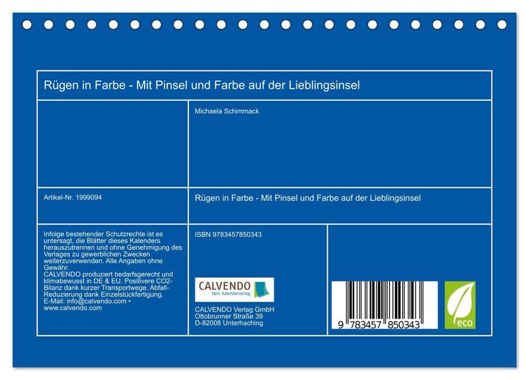 Produktbild: R&uuml;gen in Farbe - Mit Pinsel und Farbe auf der Lieblingsinsel (Tischkalender 2026 DIN A5 quer), CALVENDO Monatskalender