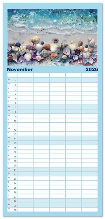 Produktbild: Familienplaner 2026 - Sandgefl&uuml;ster und Muschelzauber mit 5 Spalten (Wandkalender, 21 x 45 cm) CALVENDO