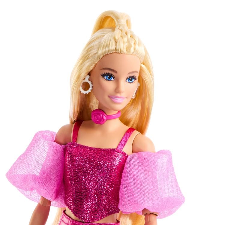 Produktbild: Barbie Deluxe Style-Modepuppe #5 in rosafarbenem Metallic-Outfit mit Korsett-Top und Accessoires, blond