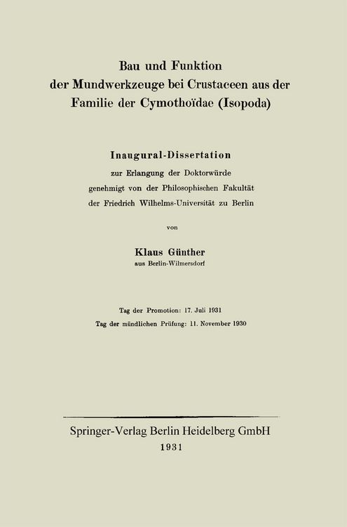 Produktbild: Bau und Funktion der Mundwerkzeuge bei Crustaceen aus der Familie der Cymotho&iuml;dae (Isopoda)