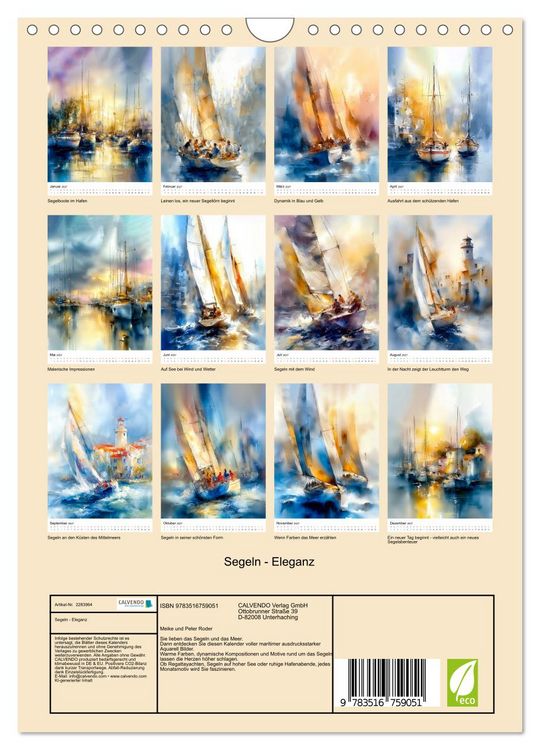 Produktbild: Segeln - Eleganz (Wandkalender 2027 DIN A4 hoch), CALVENDO Monatskalender