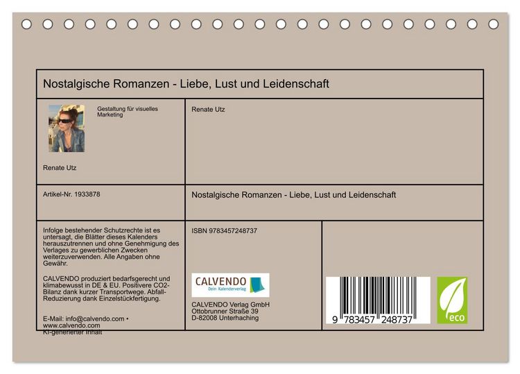 Produktbild: Nostalgische Romanzen - Liebe, Lust und Leidenschaft (Tischkalender 2026 DIN A5 quer), CALVENDO Monatskalender