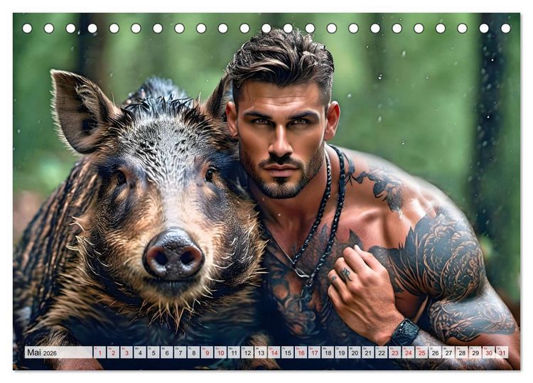 Produktbild: Naturburschen im Wald - Muskeln, Tattoos und Waldbewohner (Tischkalender 2026 DIN A5 quer), CALVENDO Monatskalender