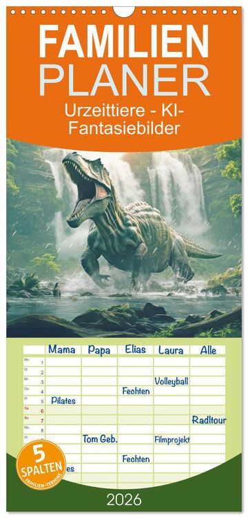 Produktbild: Familienplaner 2026 - Urzeittiere - KI-Fantasiebilder mit 5 Spalten (Wandkalender, 21 x 45 cm) CALVENDO