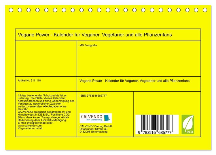 Produktbild: Vegane Power - Kalender f&uuml;r Veganer, Vegetarier und alle Pflanzenfans (Tischkalender 2026 DIN A5 quer), CALVENDO Monatskalender