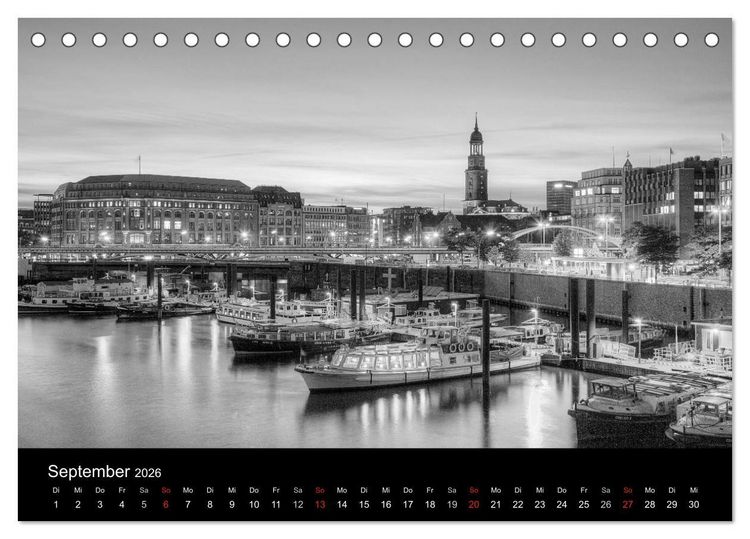 Produktbild: Hamburg monochrome Impressionen (Tischkalender 2026 DIN A5 quer), CALVENDO Monatskalender