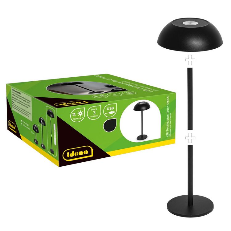 Produktbild: Idena LED Tischleuchte Touch Tango Metall schwarz 15x33cm Akku USB dimmbar 3 Modi Innen