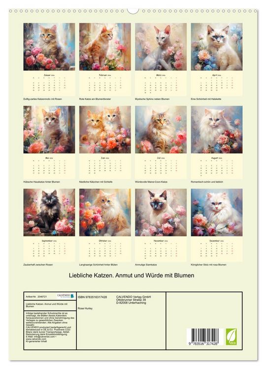 Produktbild: Liebliche Katzen. Anmut und W&uuml;rde mit Blumen (hochwertiger Premium Wandkalender 2026 DIN A2 hoch), Kunstdruck in Hochglanz