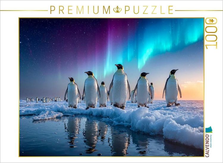 Produktbild: CALVENDO Puzzle Pinguin Wanderung im Schein des Polarlichts | 1000 Teile Lege-Gr&ouml;&szlig;e 64x48cm Foto-Puzzle f&uuml;r gl&uuml;ckliche Stunden