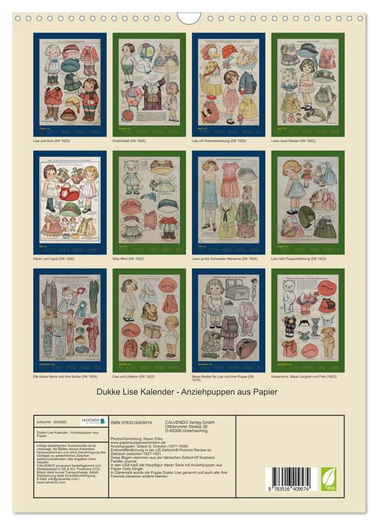 Produktbild: Dukke Lise Kalender - Anziehpuppen aus Papier (Wandkalender 2026 DIN A3 hoch), CALVENDO Monatskalender