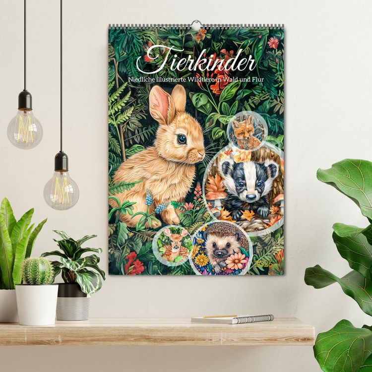 Produktbild: Tierkinder - Niedliche illustrierte Wildtiere in Wald und Flur (Wandkalender 2026 DIN A2 hoch), CALVENDO Monatskalender