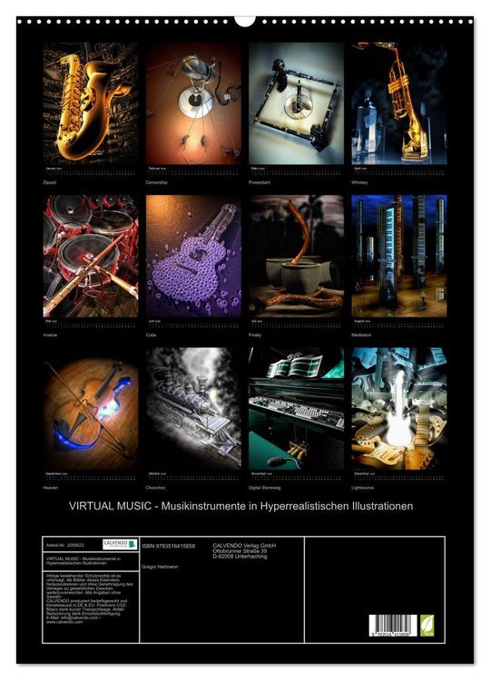 Produktbild: VIRTUAL MUSIC - Musikinstrumente in Hyperrealistischen Illustrationen (Wandkalender 2026 DIN A2 hoch), CALVENDO Monatskalender
