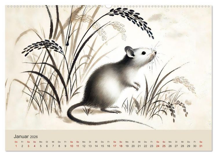 Produktbild: Chinesische Tierkreiszeichen - Kunstvolle KI-Tuschemalerei des Ostens (Wandkalender 2026 DIN A2 quer), CALVENDO Monatskalender