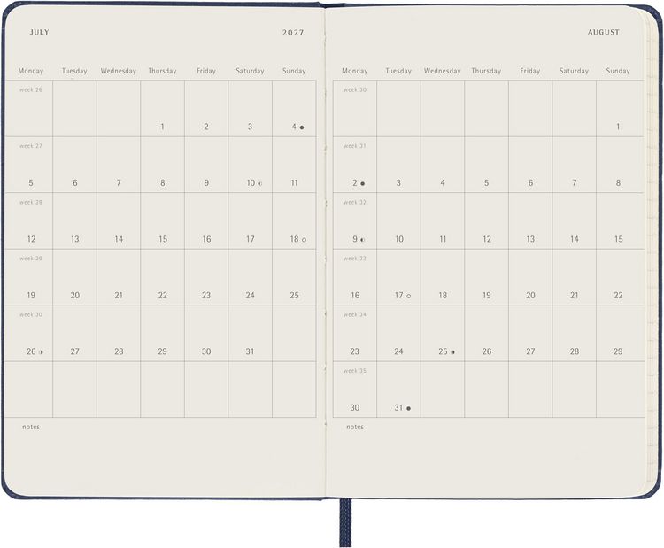 Produktbild: Moleskine 12 Monate Wochen Notizkalender 2027, Pocket/A6, 1 Wo = 1 Seite, rechts linierte Seite, Fester Einband, Saphir