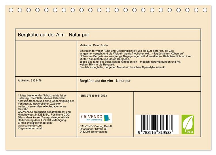 Produktbild: Bergk&uuml;he auf der Alm - Natur pur (Tischkalender 2027 DIN A5 quer), CALVENDO Monatskalender