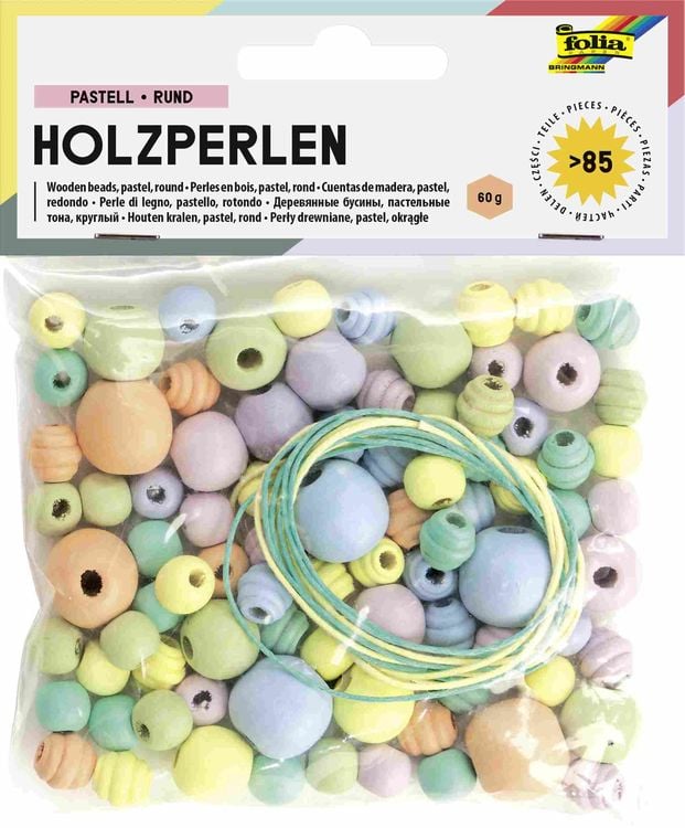 Produktbild: Folia Holzperlen PASTELL RUND, 50g/>85 Teile & 2x Schnüre à 85cm