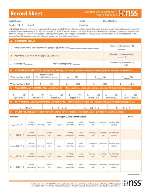 Produktbild: Number Sense Screener(tm) (Nss(tm)) Record Sheets, K-1, Research Edition